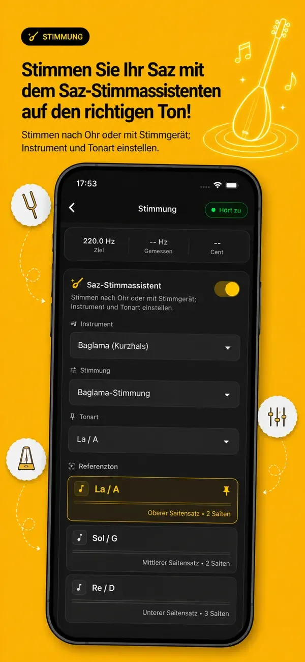 Saz Söz App-Screenshot — Noten und Stimmgerät.