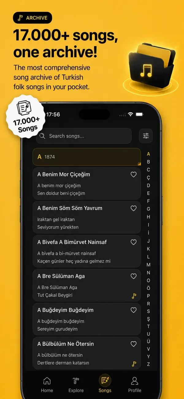 Saz Söz app screenshot — folk song archive.