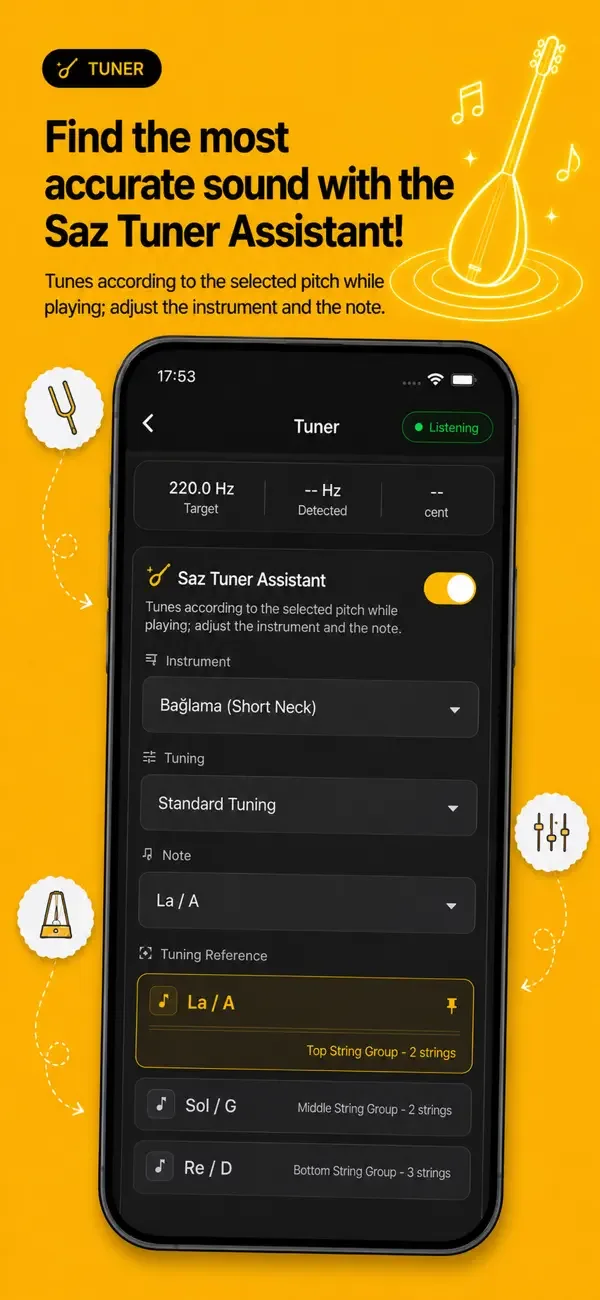 Saz Söz app screenshot — sheet music and tuner.